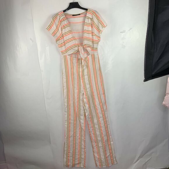 Kendall + Kylie Womens Tie Front Colorblock Stripe Jumpsuit V Neck NWOT Size M - Picture 3 of 10